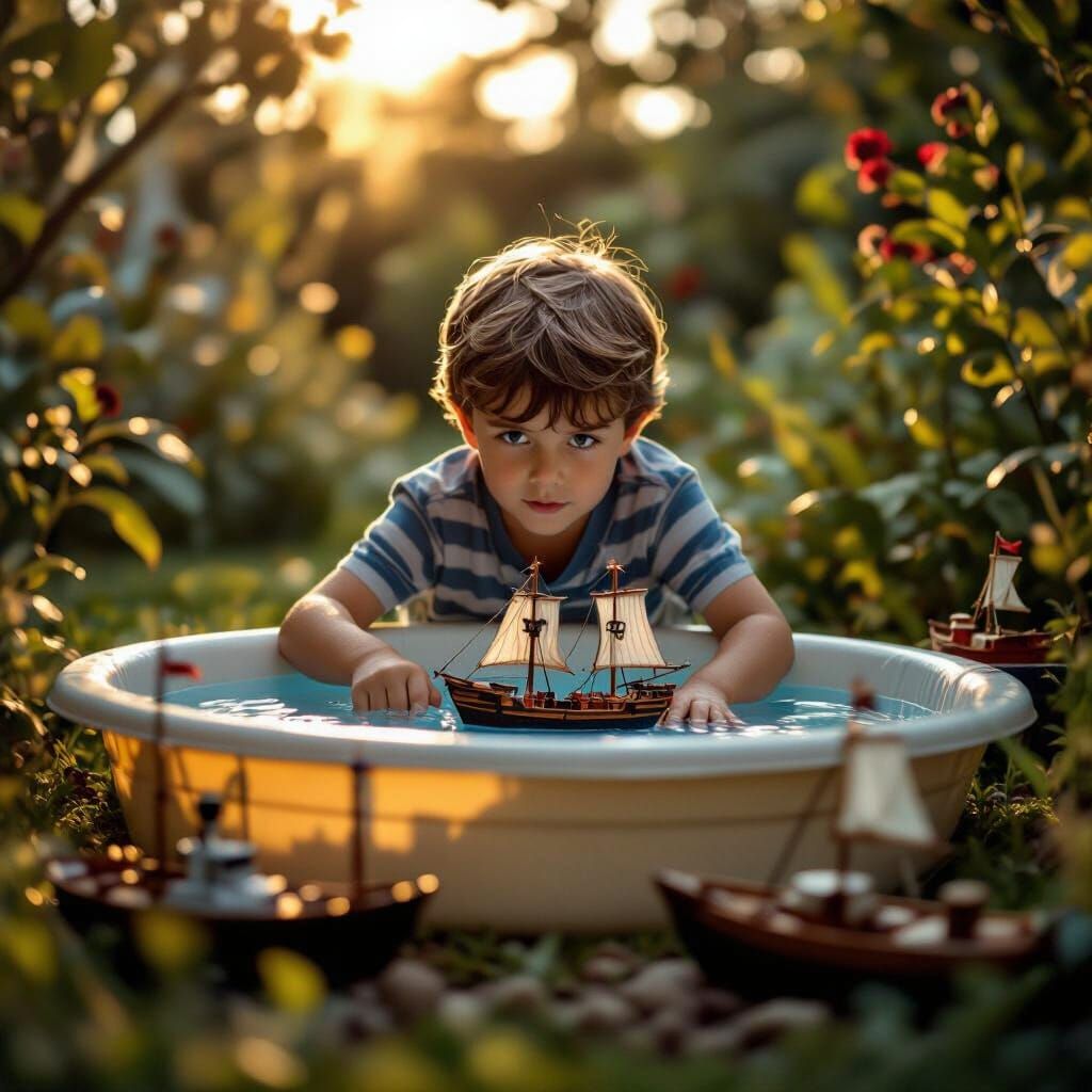 Boy with Toy Boats in Garden: Cinematic Film Style