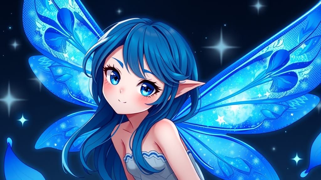 Fairy in Shimmering Sapphire-Blue Wings with Anime-Style Eye...