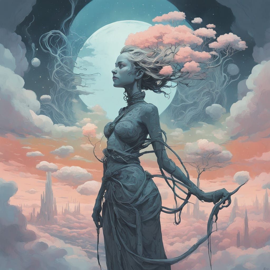 Mystical Figure Transcends Reality in Futuristic Dreamscapes