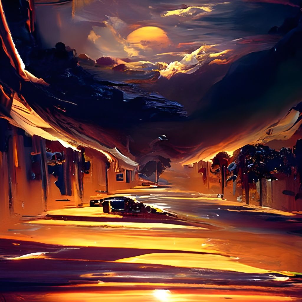 Sunset on Suburban Street: Oil Painting