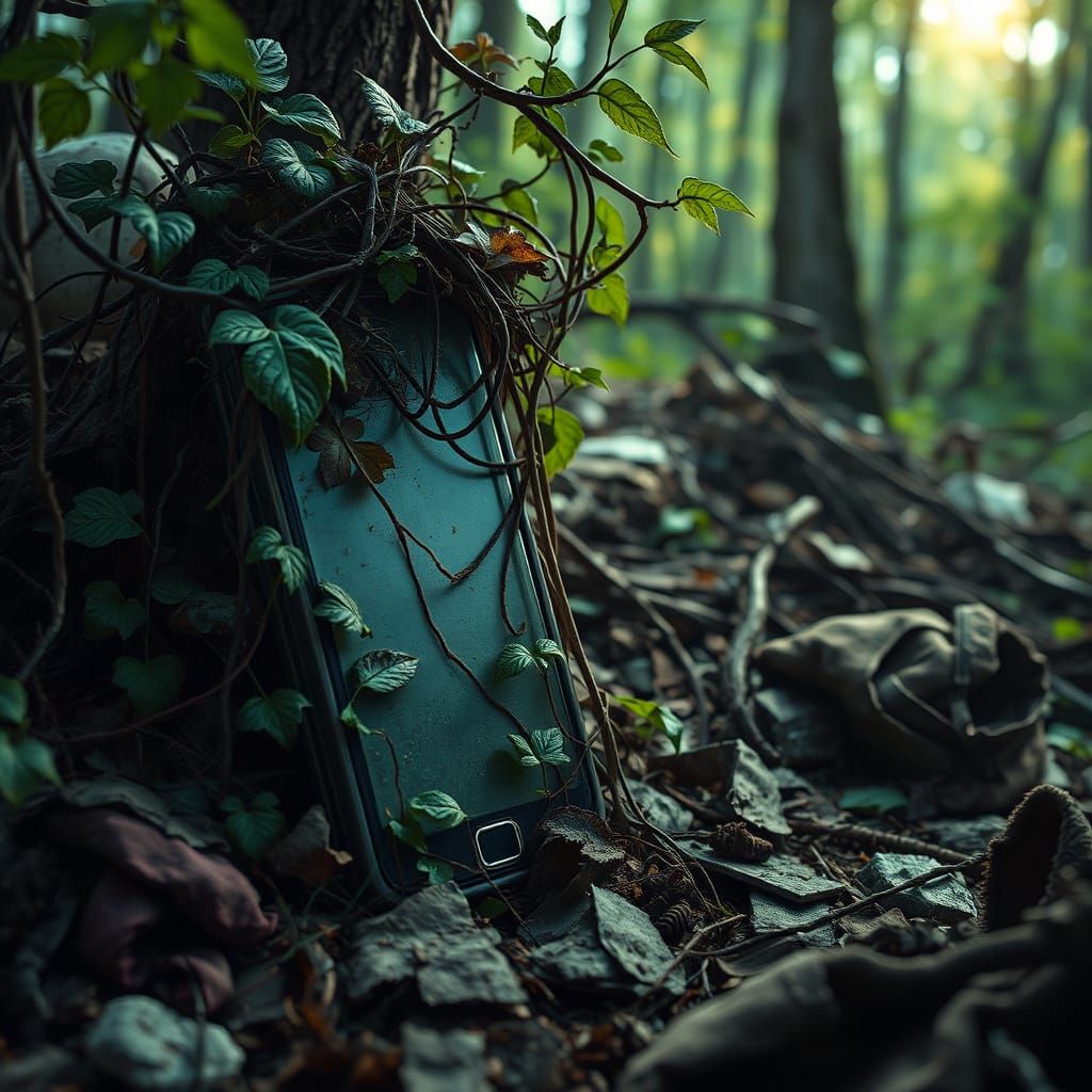 Forgotten Smartphone Overgrown with Vines in Forest