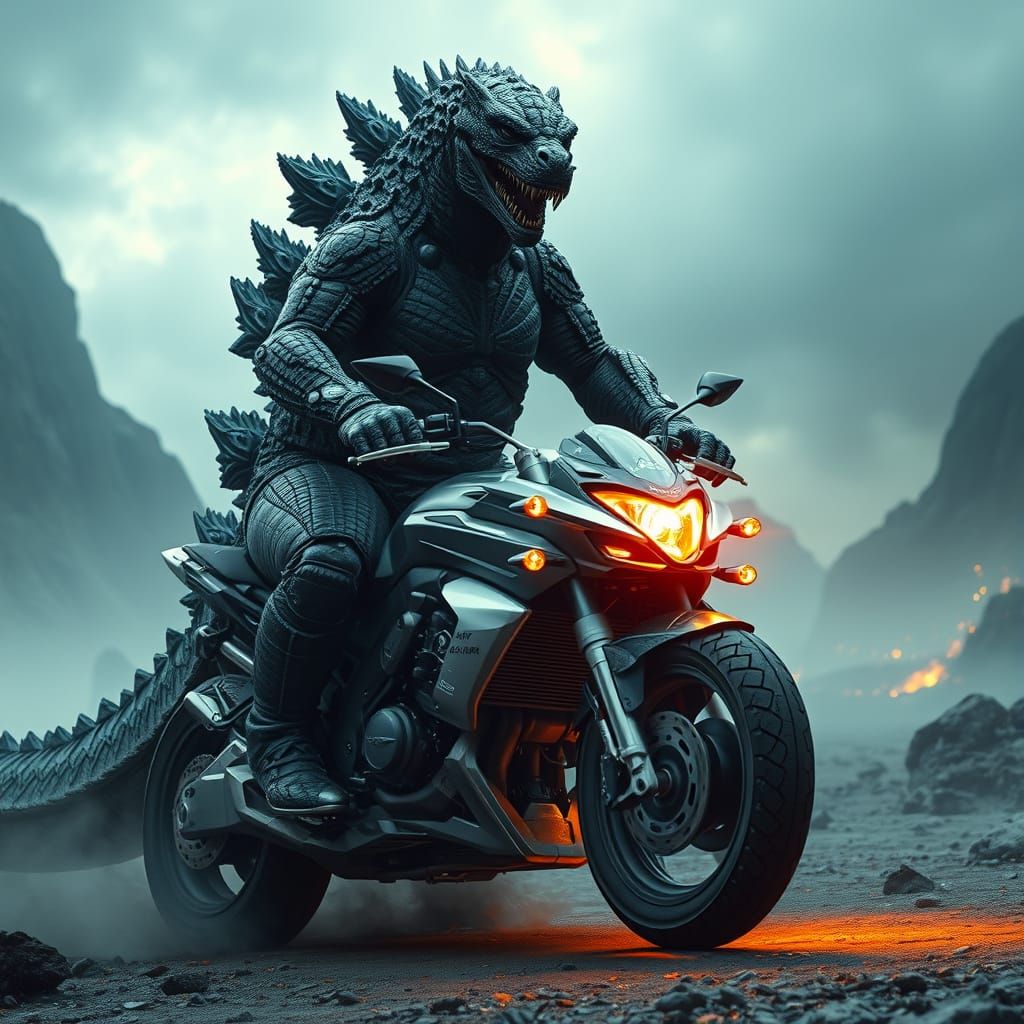 Godzilla in a Futuristic Motorcycle Adventure
