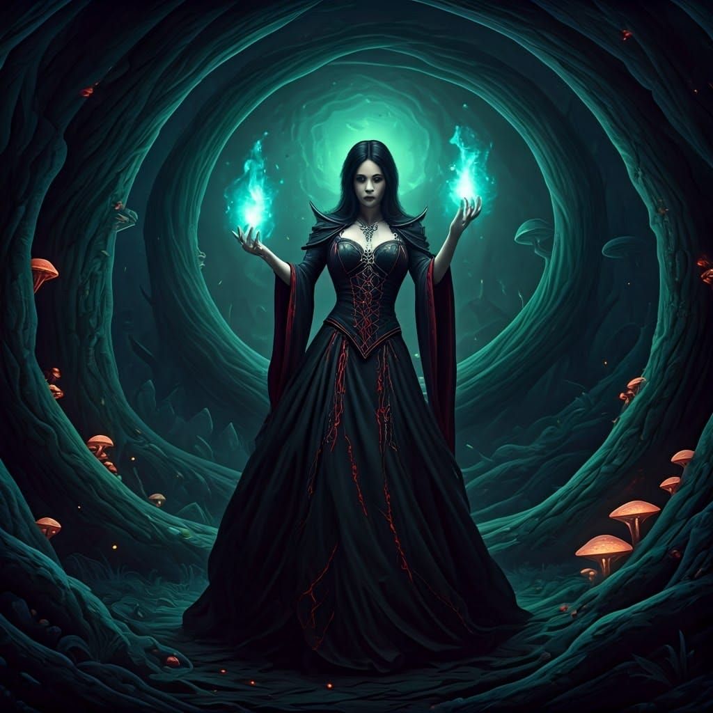 Sorceress Conjuring Dark Magic in Ancient Forest