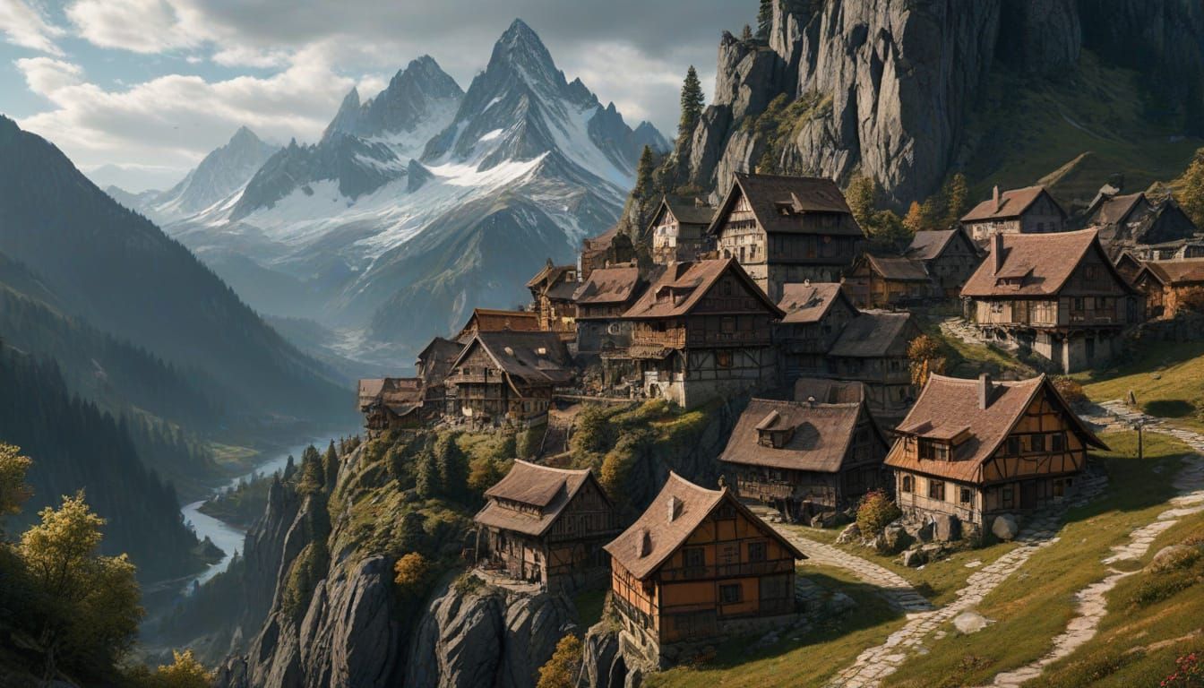 Surreal Fantasy Village in Dramatic Lighting