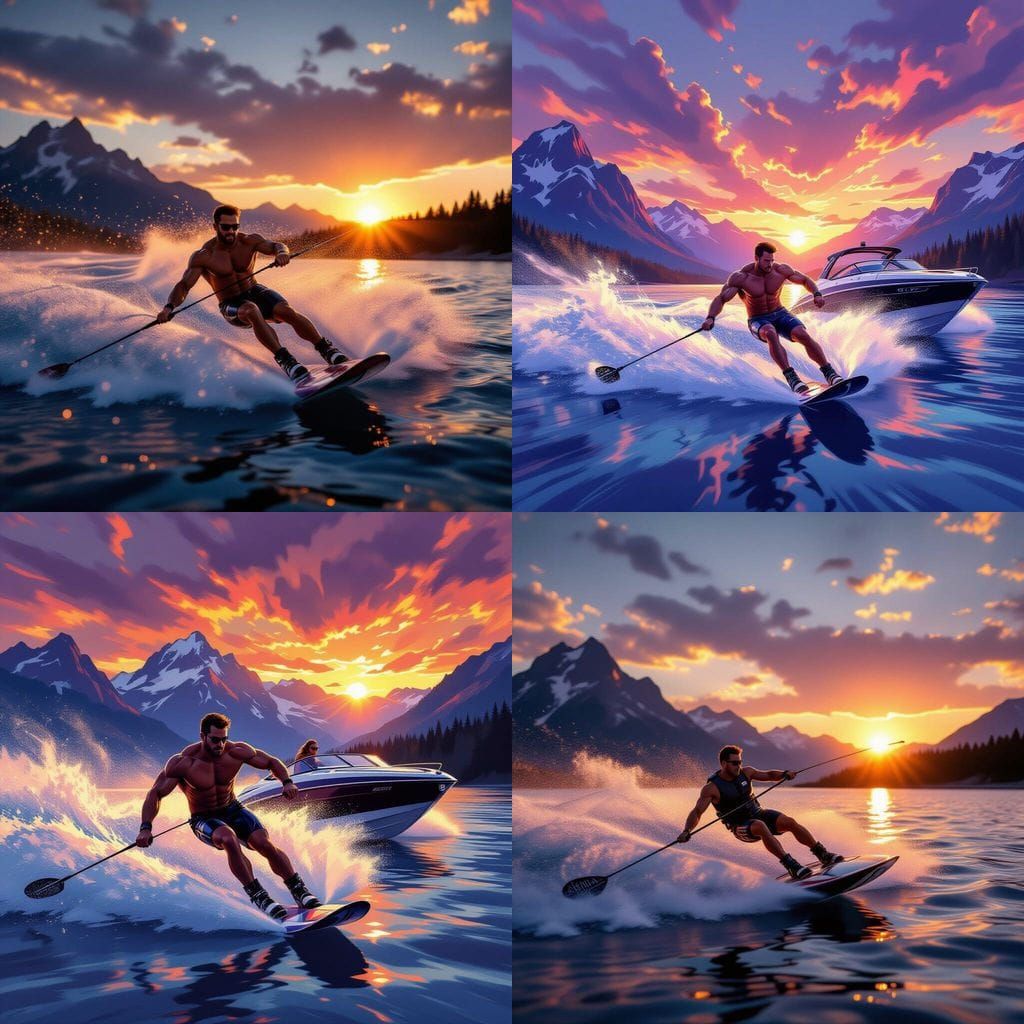 Muscular Man Water Skiing at Sunset with Splash