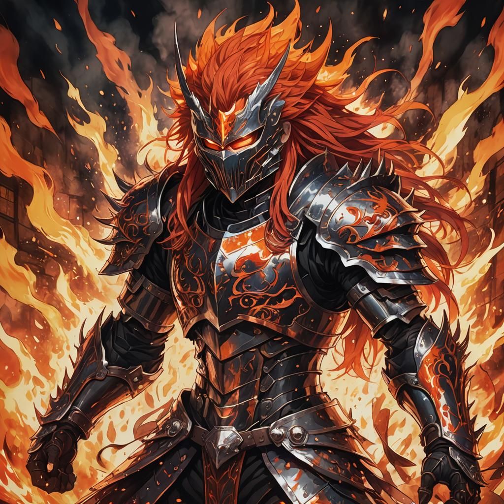 Anime Warrior Amidst Flames in Digital Art