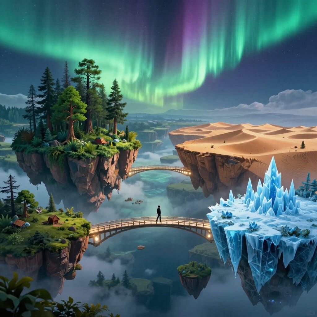 Figure Traversing Floating Islands With Diverse Biomes