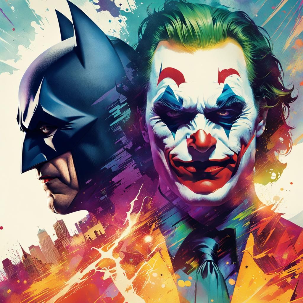 An enthralling double exposure artwork that seamlessly melds Batman and the Joker. Vibrant colors, splash art, high-defi...