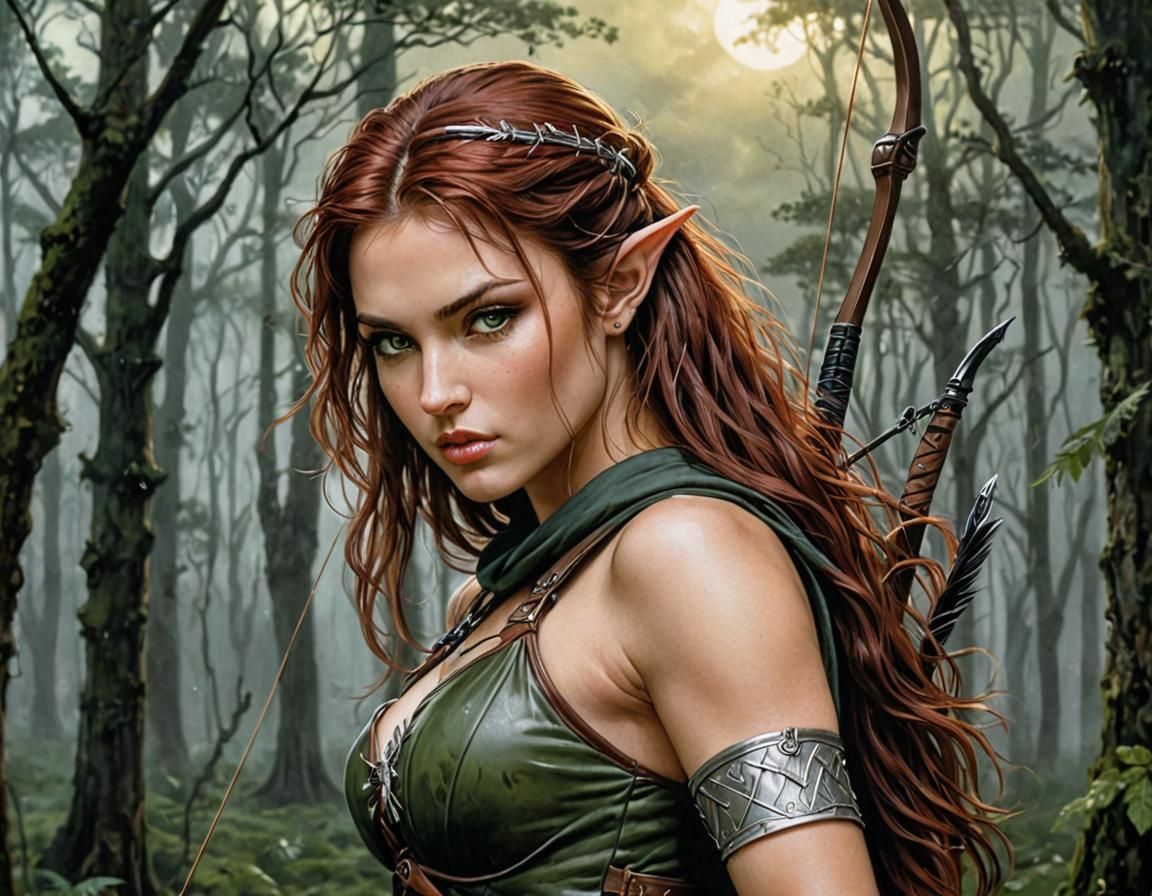 Elven Archer in Misty Forest, Hyperrealistic Painting