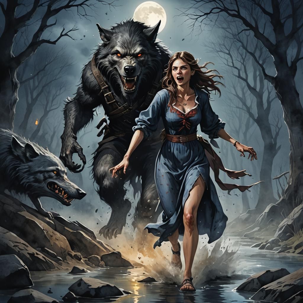 A narly werewolf , horror. Chasing beautiful woman through a creebed under a full moon, Watercolour