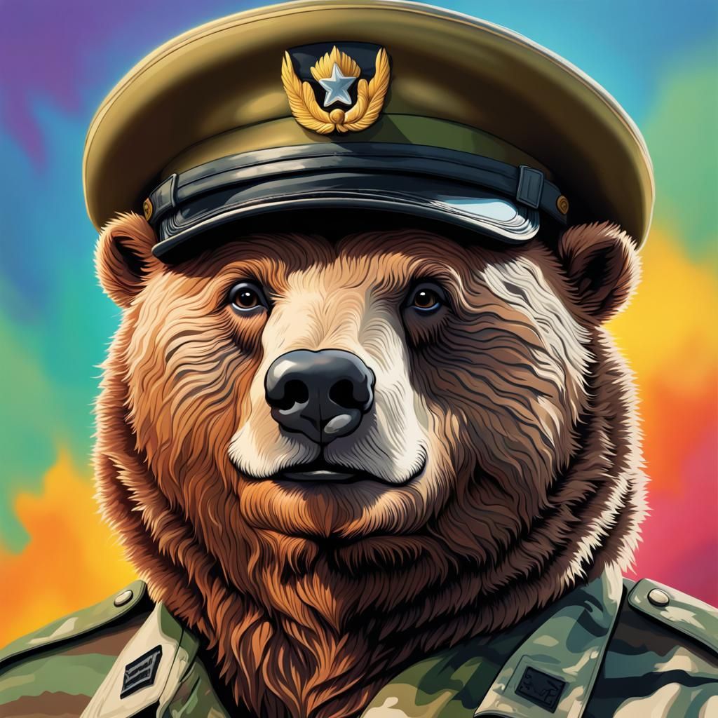 Hyperrealistic Bear Portrait in Military Hat