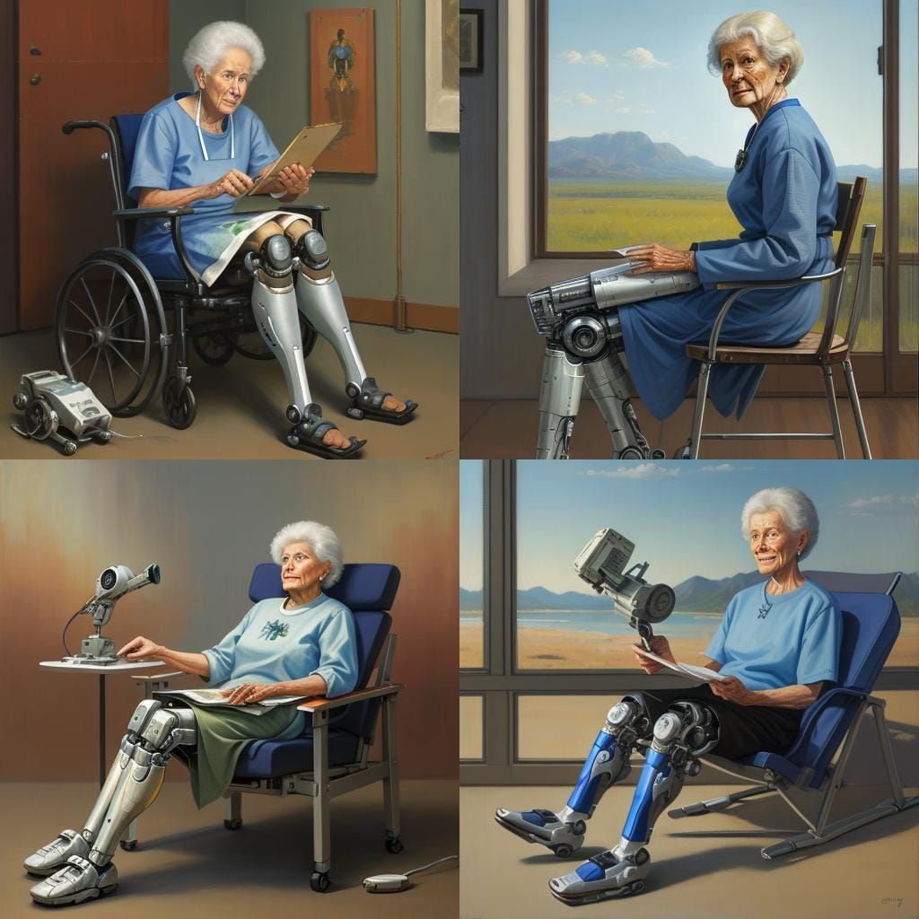 Elderly Woman with Robotic Leg in Oil Painting