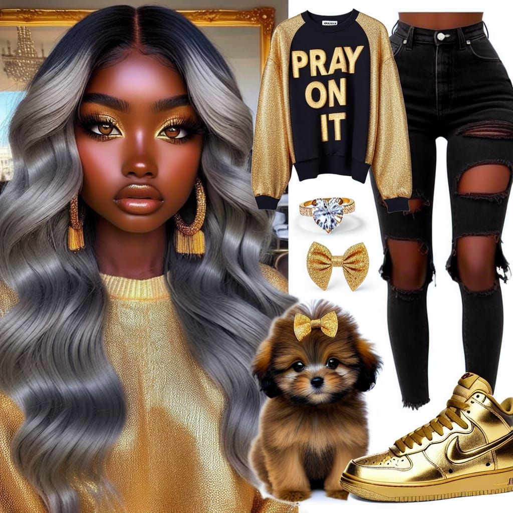 Black Woman in Gold Room with Puppy