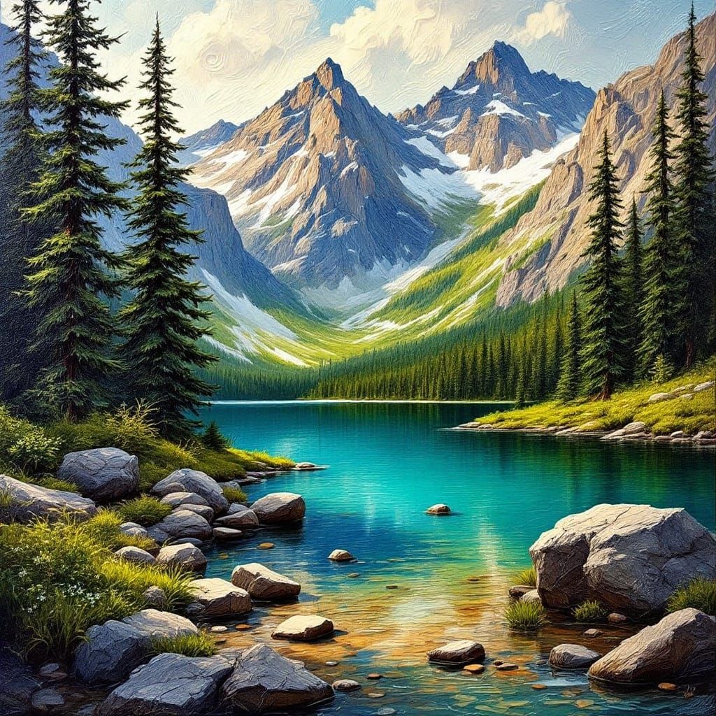 Impasto Mountain Lake Scene with Fir Trees