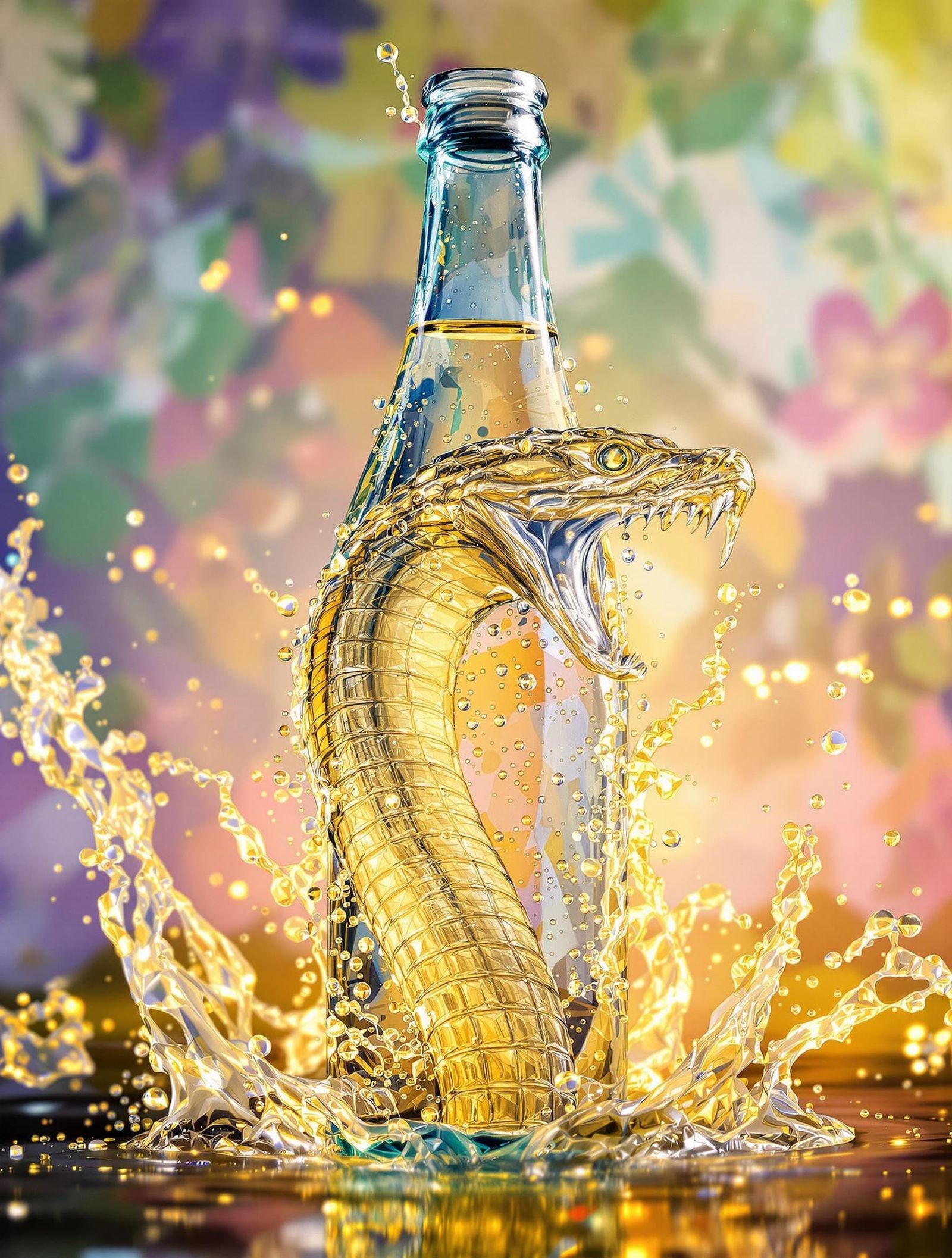 Cobra Made of Water Erupts from Sparkling Water Bottle