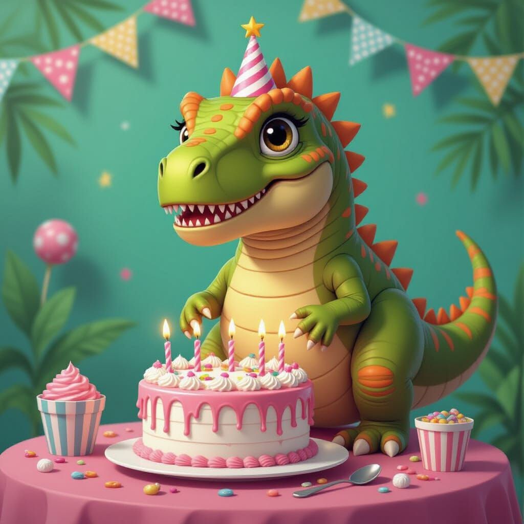 Sad T-Rex and Birthday Cake in Candyland Style