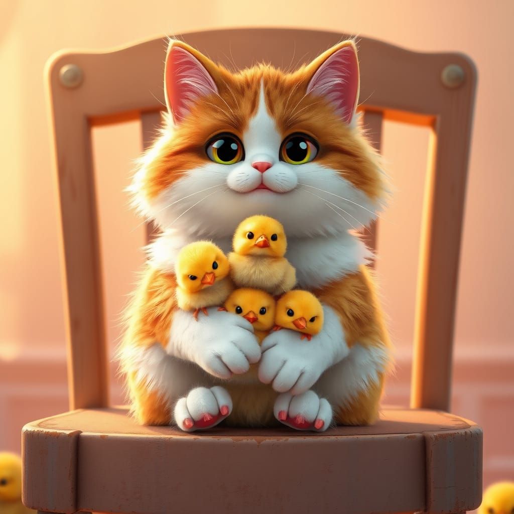 Ultra Fluffy Cartoon Calico Cat in Whimsical Pixar-DreamWork...