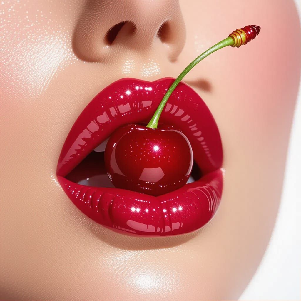 Glossy Pink Lips Holding a Red Cherry