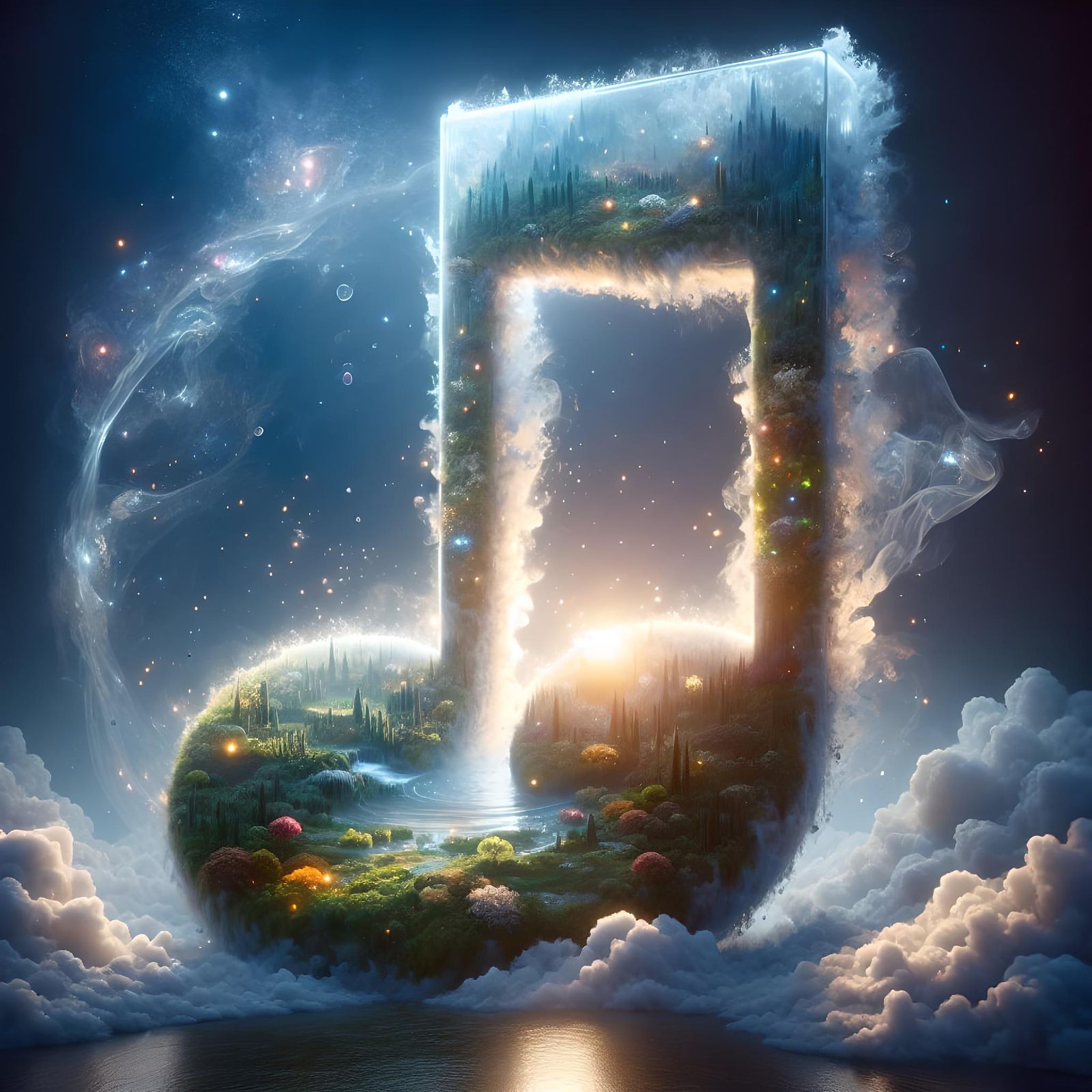 Luminous Glass Music Note with Starry Landscapes