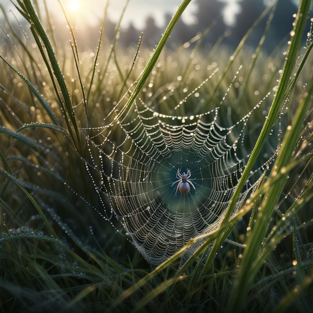 a spider's intricate web nest spun among dew-kissed morning grass, catching the sunlight