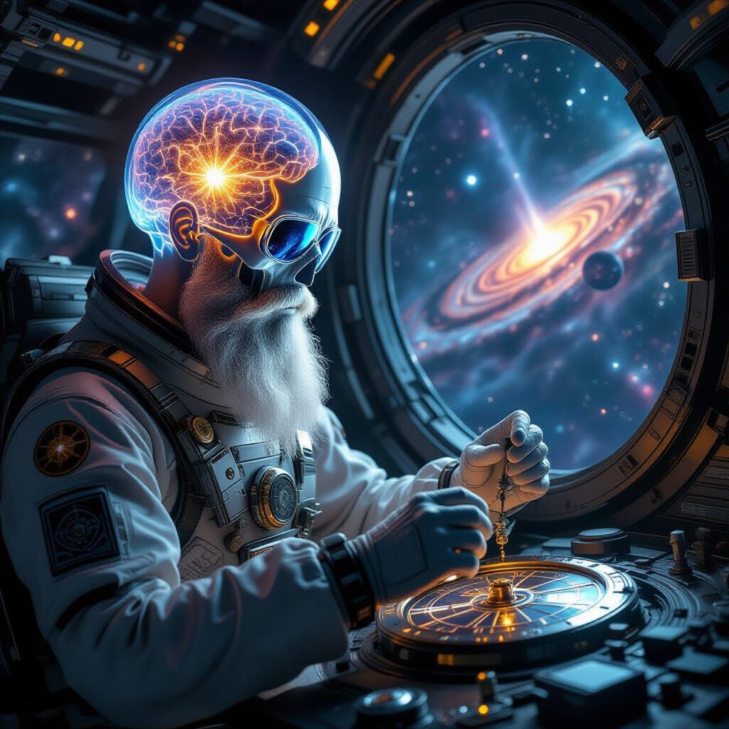 Cosmic Skull Assembling Timepiece in Spaceship