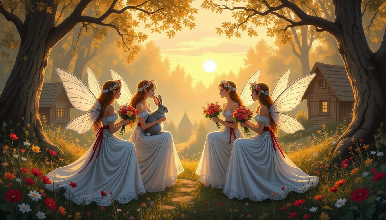 Fairies Converse in Forest at Sunset, Ethereal Style