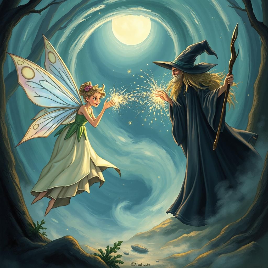 Fairy and Witch Confrontation in Mystical Forest