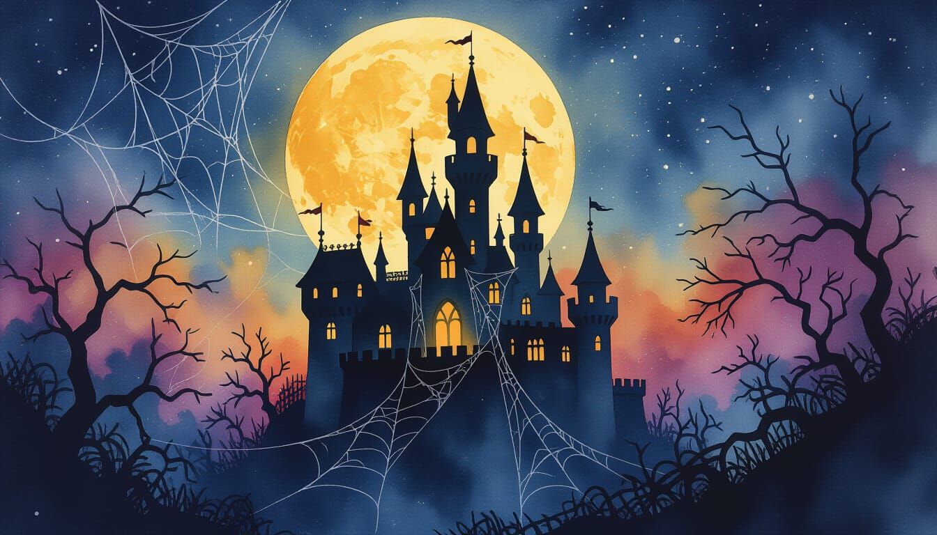 Spooky Castle Under Full Moon in Watercolor Style