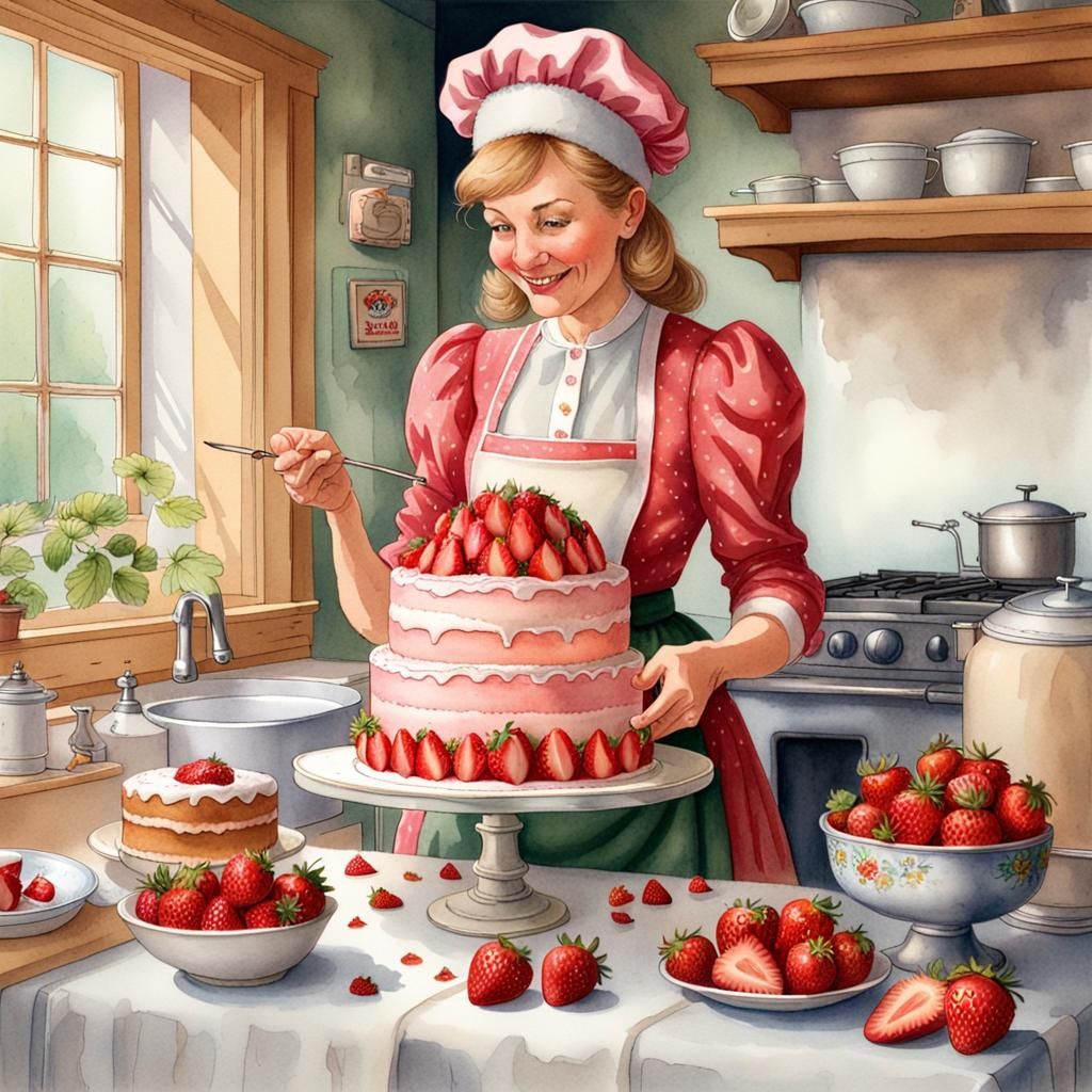 Mrs. Claus Baking Strawberry Cake: Watercolor Illustration