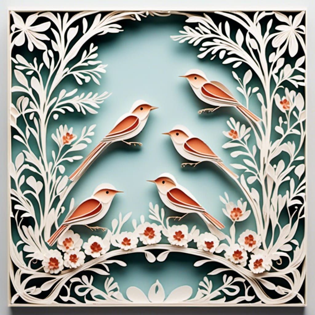 Winter Birds in Paper Filigree Landscape