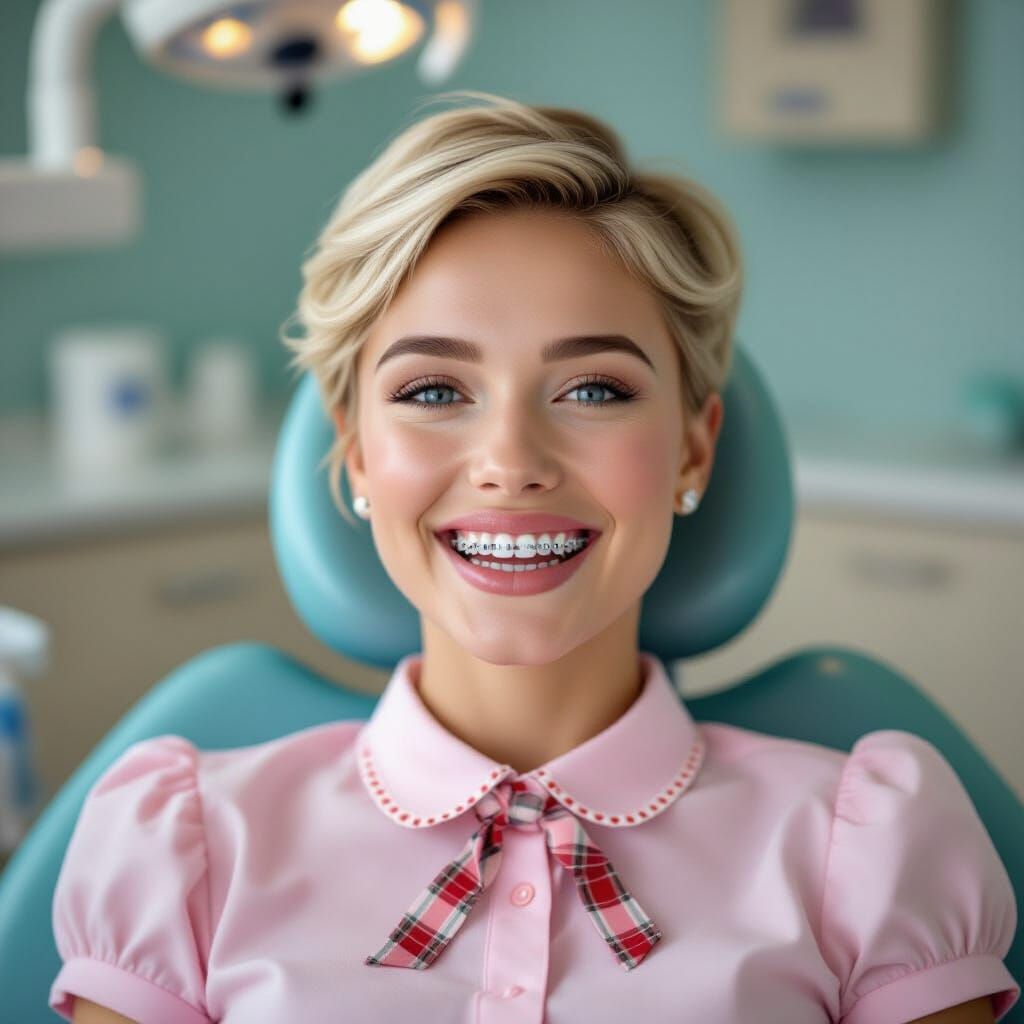 Woman with Braces and Headgear in Dentist Office