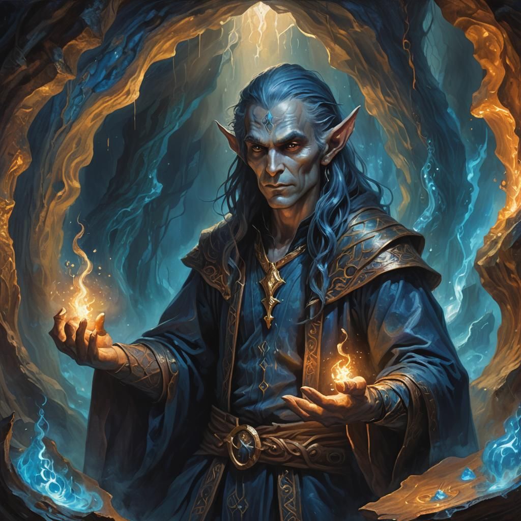 Dark Elf Wizard Casting Spell in Mystical Cave