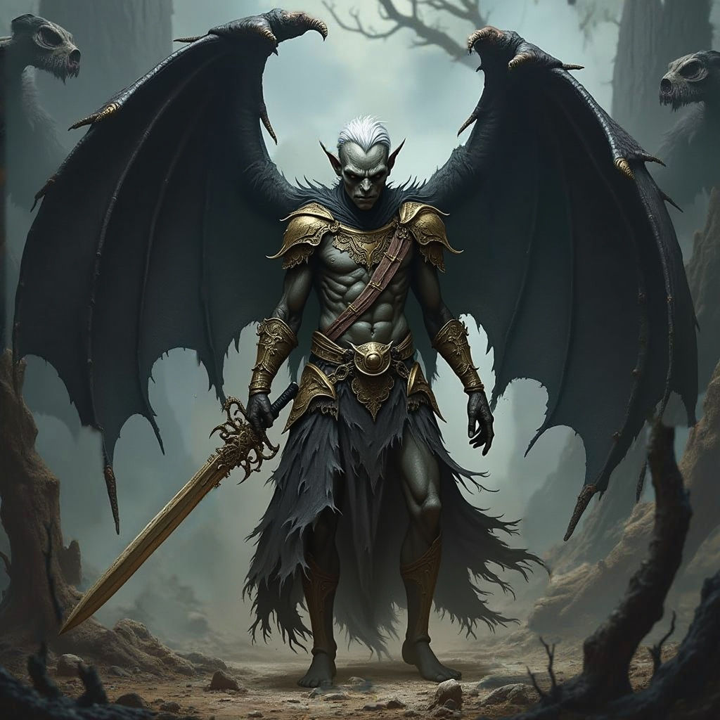Ethereal Warrior with Dark Wings and Ancient Might