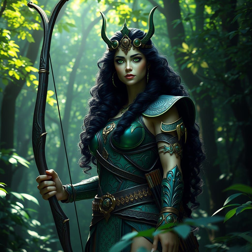 Greek Goddess of the Hunt in Emerald Armor, Forest Majesty
