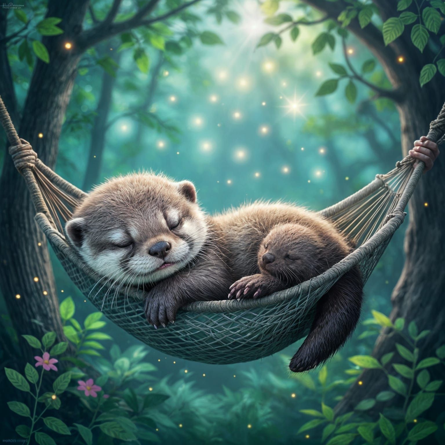 Sleeping Baby Otter in Magical Forest, Hyperrealistic Art
