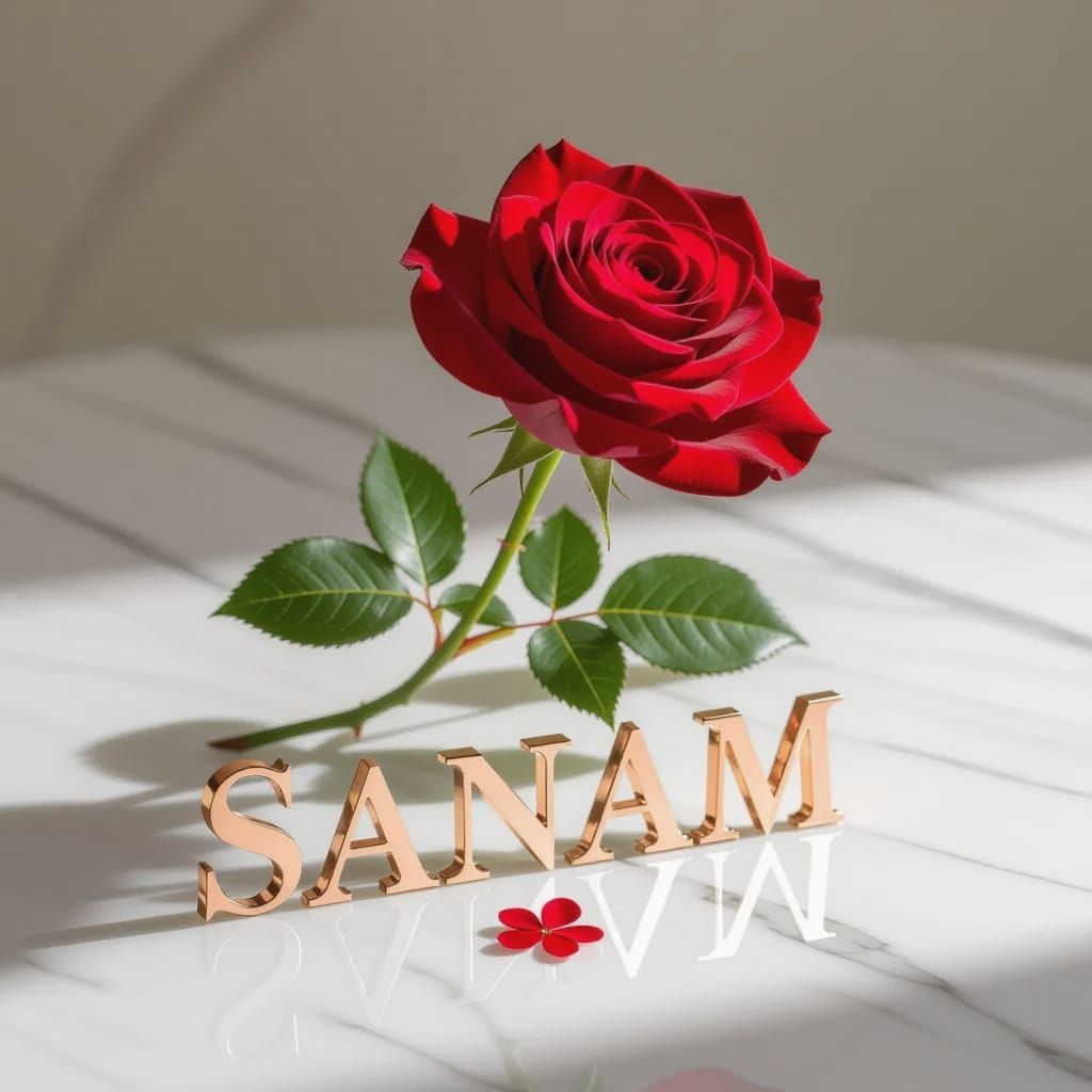Magnificent Red Rose on Carrara Marble with Rose Gold Text