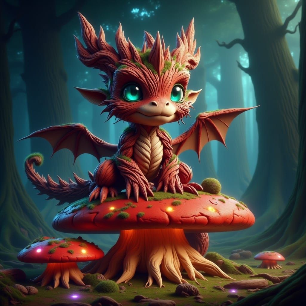 Cute Chibi Dragon on Bioluminescent Mushroom