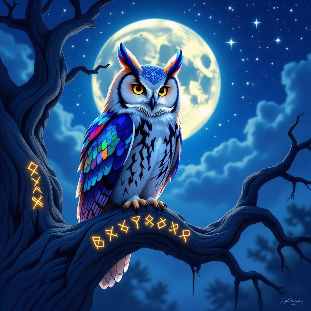 Ethereal Owl with Stained Glass Feathers on Ancient Tree