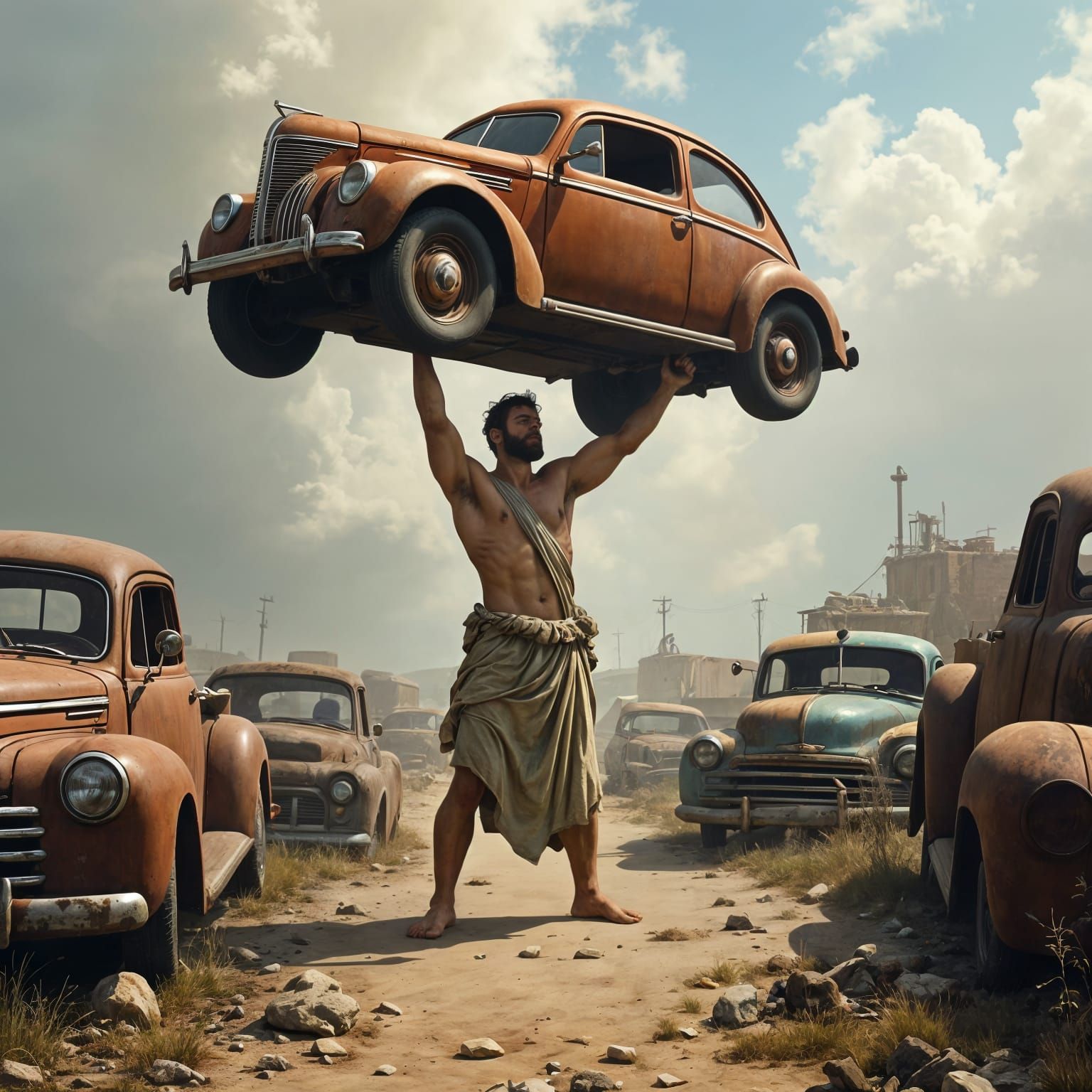 Greek God Hercules Lifts Vintage Car in Ethereal Fantasy Jun...