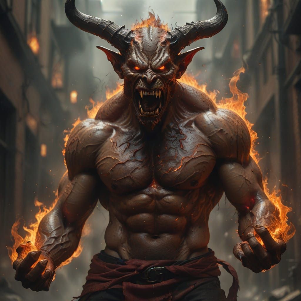 Cyberpunk Demon Rises from Urban Flames