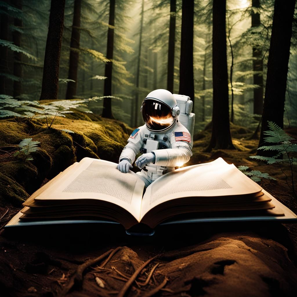 Astronaut Reading on Book in Forest, Cel Shading
