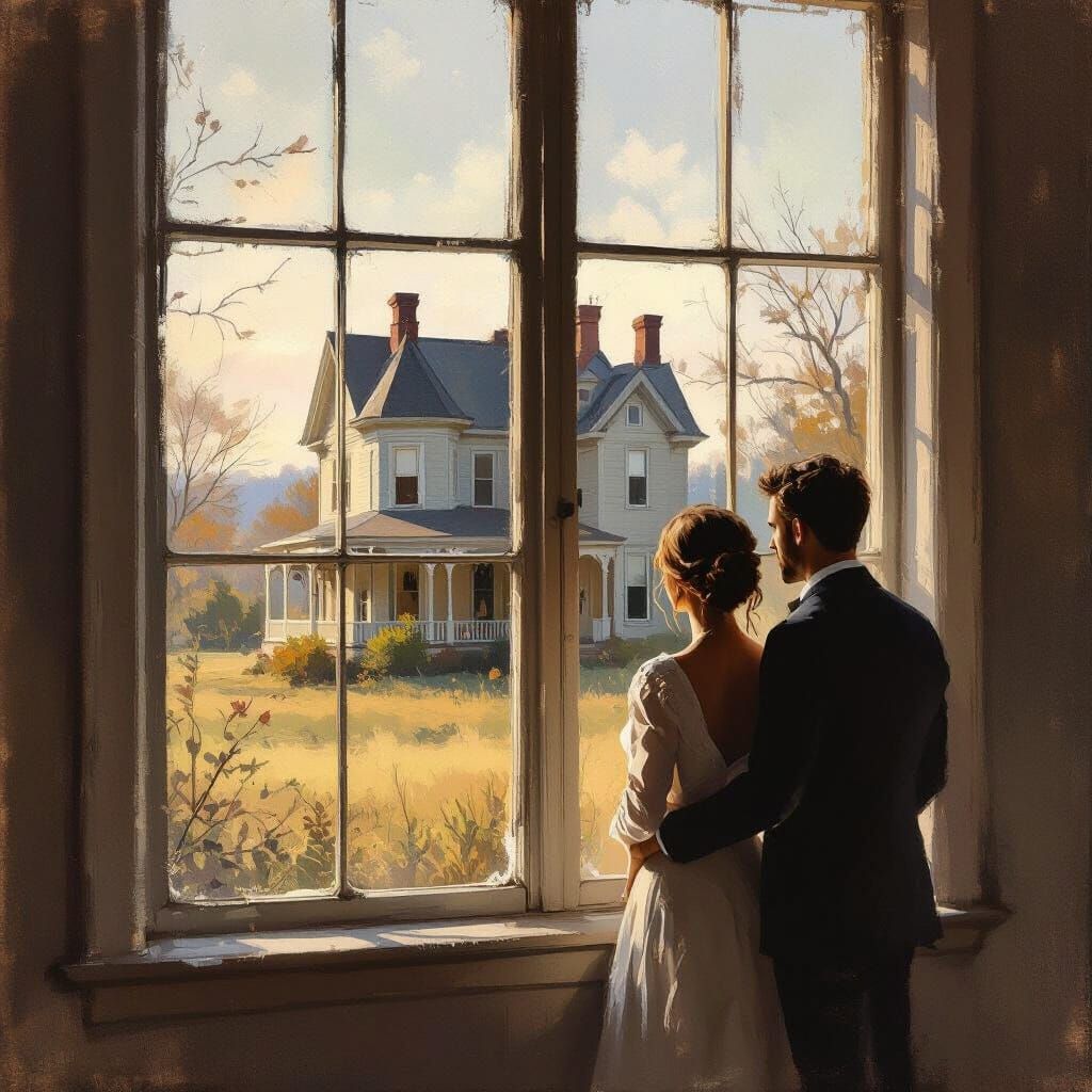 Couple Gazing at Victorian Farmhouse in Impressionist Style