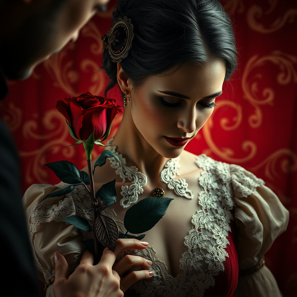 Woman Receives Rose in Baroque Style
