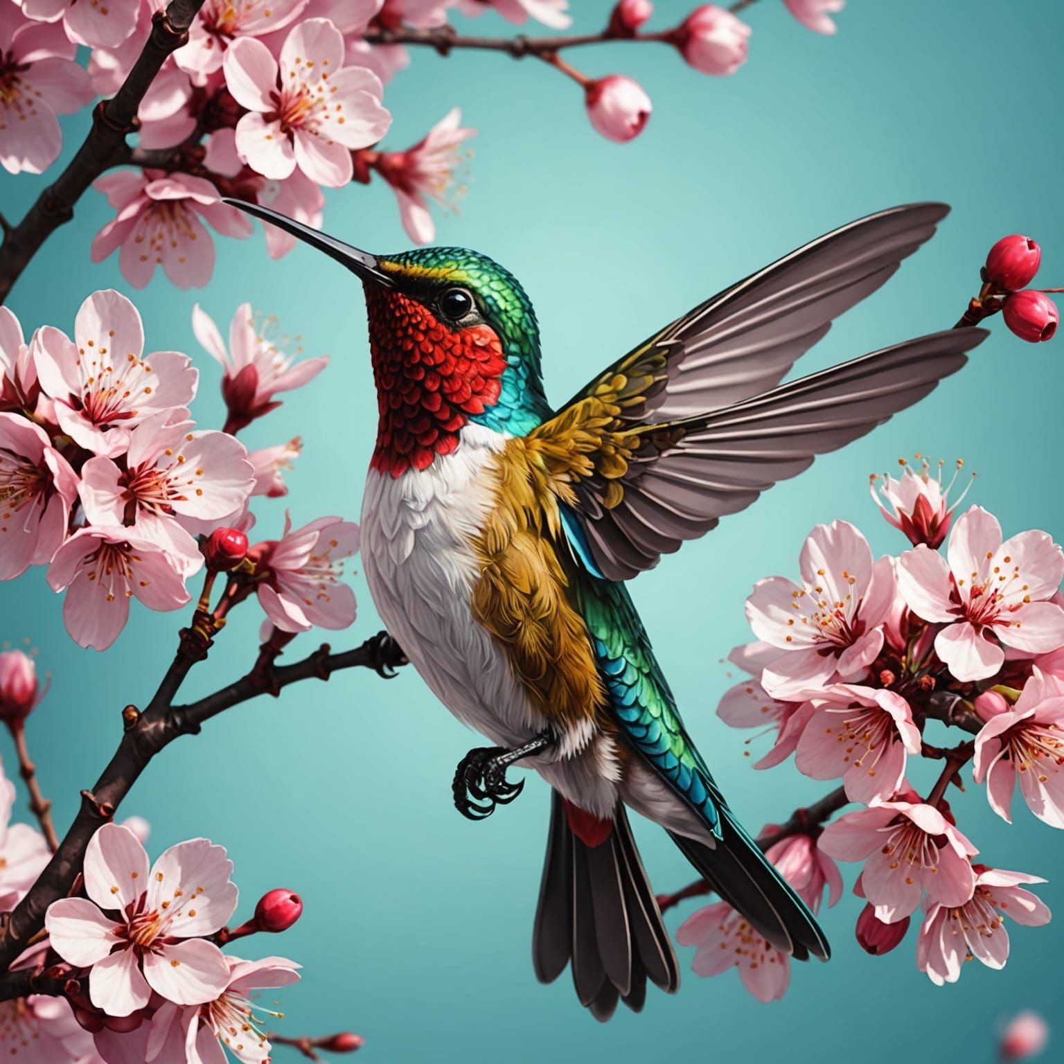 Detailed Cherry Blossoms with Hummingbird