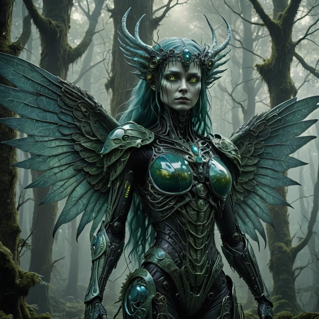 Moth Hybrid in Moonlit Forest, Giger-esque Style