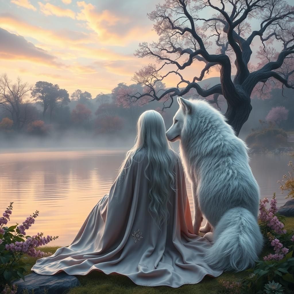 Woman and Wolf Contemplate Misty Lake