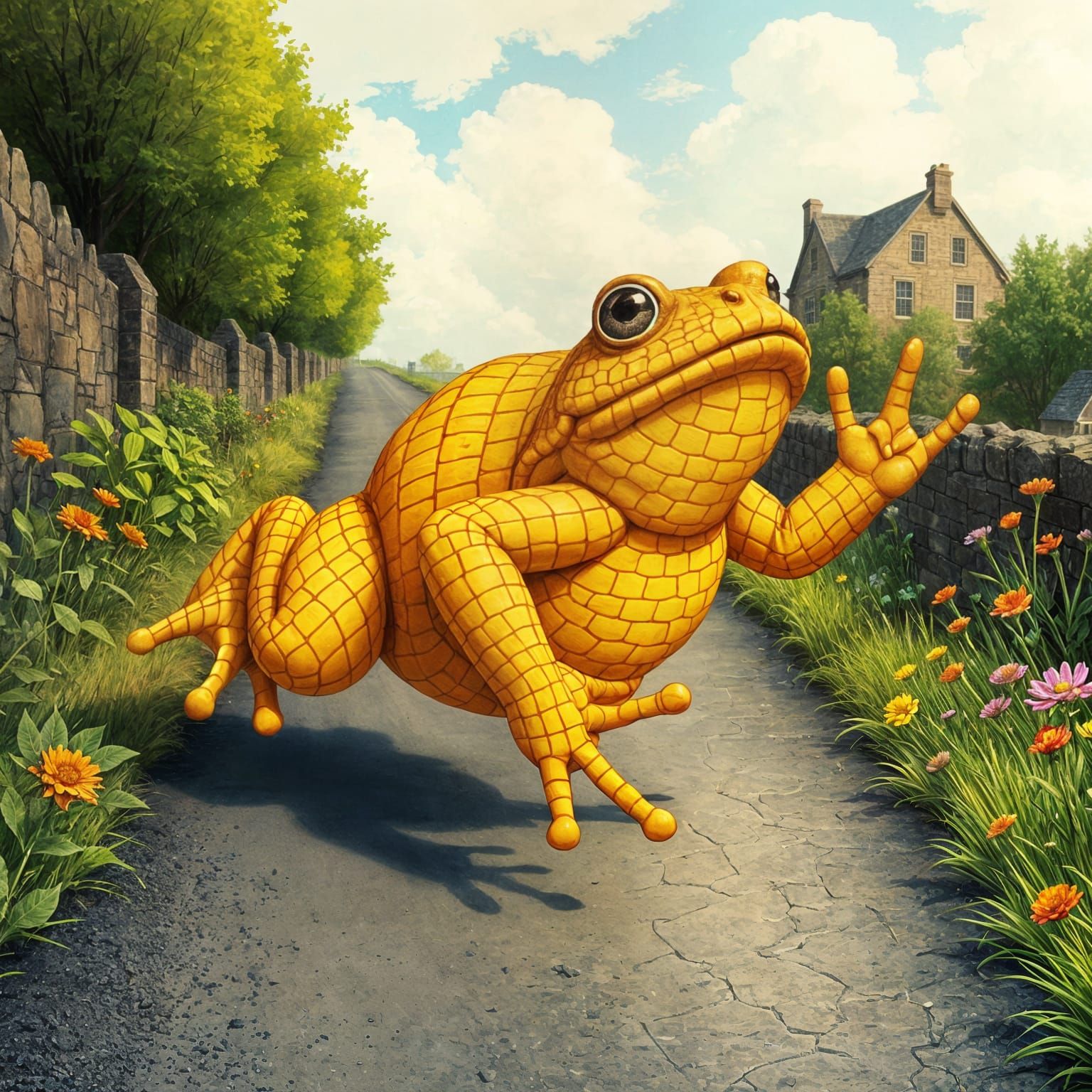 Whimsical Yellow Brick Toad Hops Down Winding Road