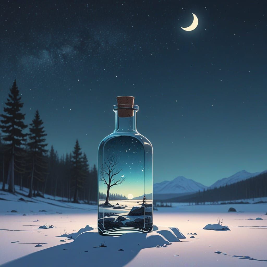 Glass Bottle in a Starry Winter Night