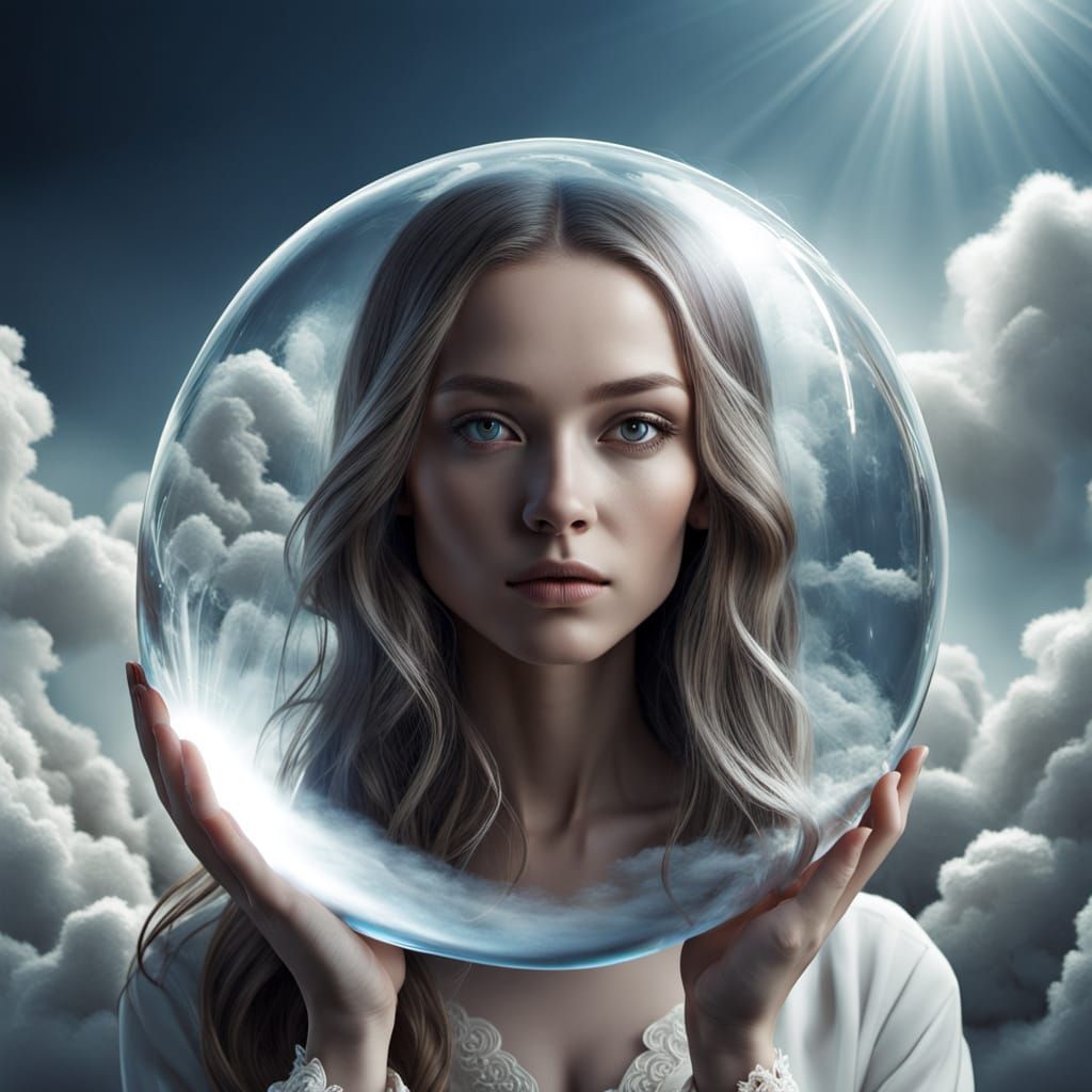 Sad Woman's Reflection in Ethereal Glass Globe