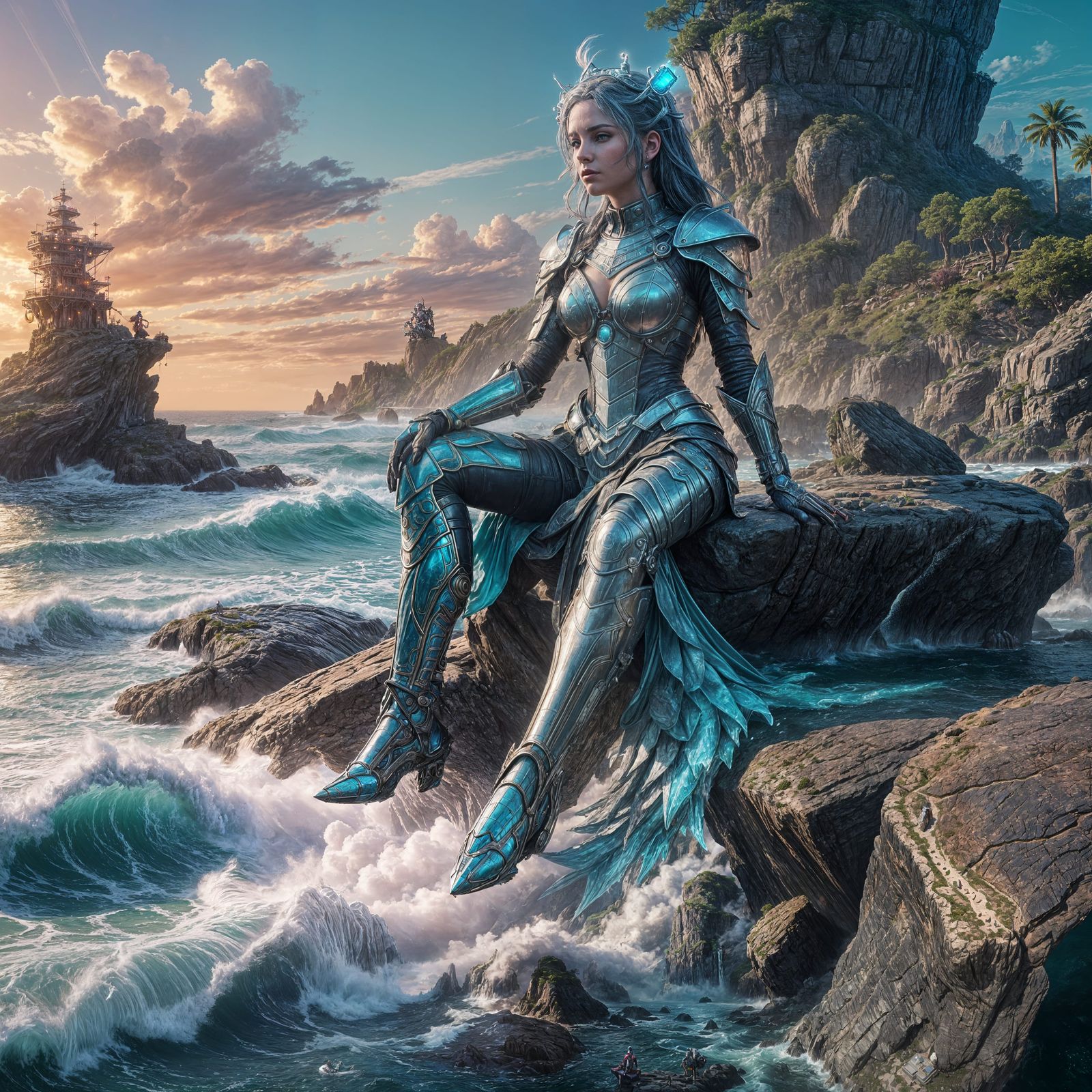 Cybermaid on Sea Rock: Detailed Fantasy Art